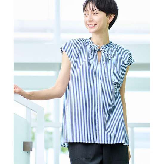 【洗える】ストライプ柄フレンチスリーブスキッパ―ブラウス