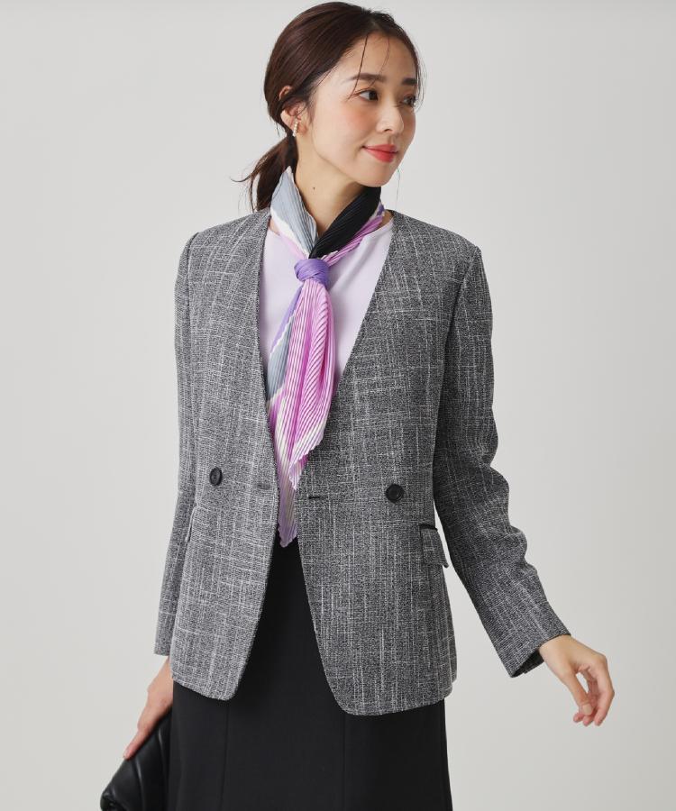 【手洗い可／日本製／裏無し／セットアップ可】ツィード見えノーカラージャケット