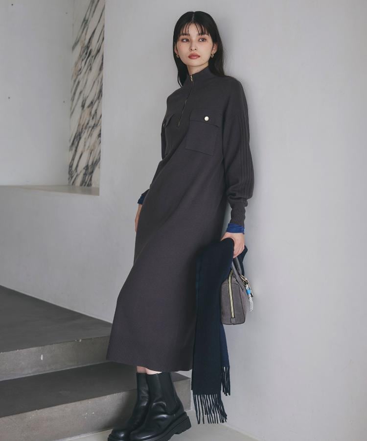 1枚でこなれ見え ハーフZIPワンピース【毛玉になりにくい/静電気防止