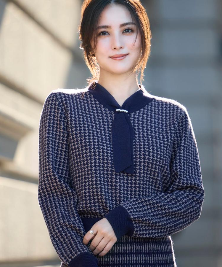 【クラシカル・大人レディ】千鳥ジャカードパール調タイニットトップス