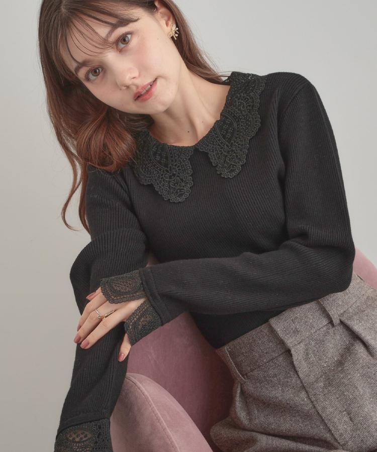 【着映え・フェミニン・通勤】レース衿カフス付きリブニット