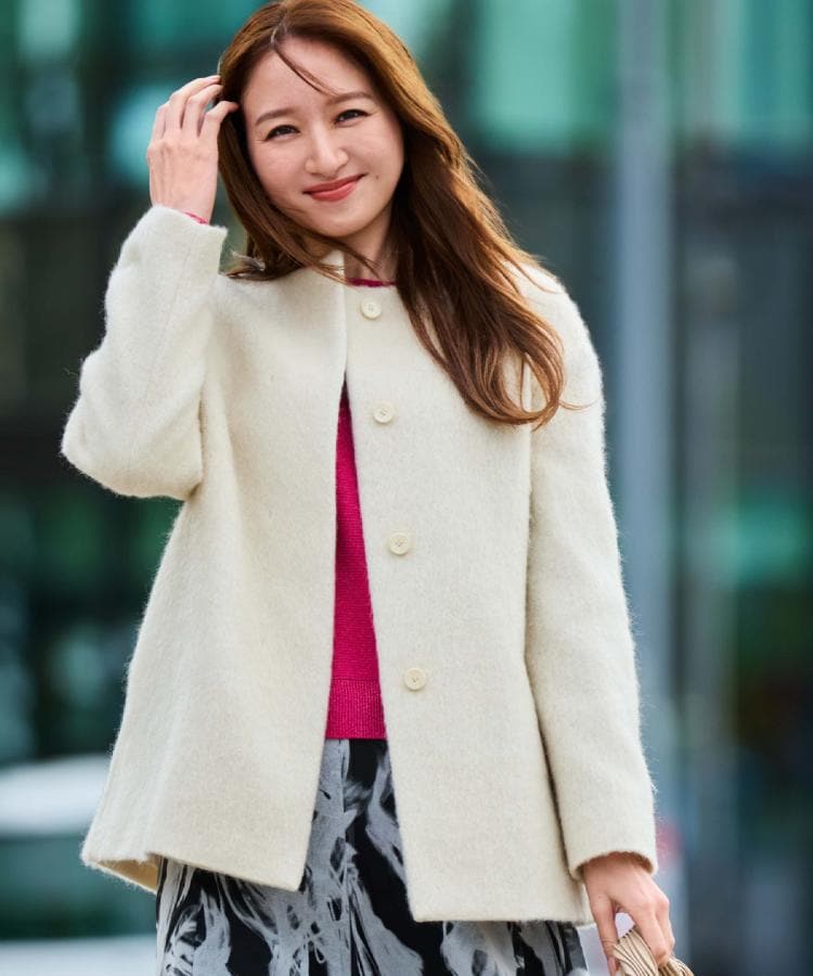 【日本製／モヘヤ混／ヒップ丈】ノーカラーコート