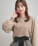 "【フェミニン・着映え】袖チェックチュール ドッキングニット"