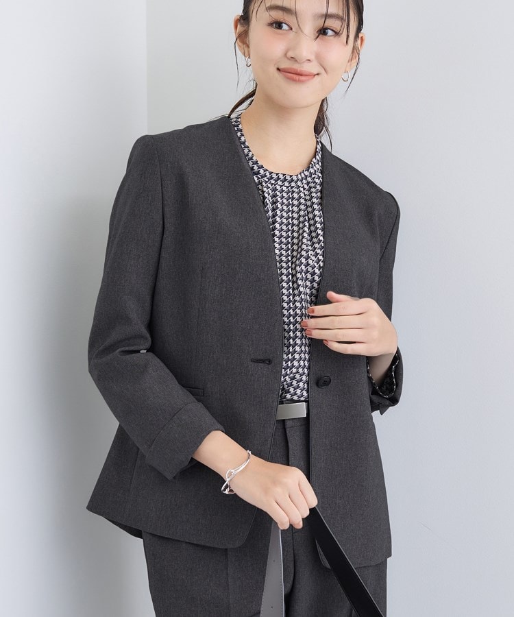 【洗える／通勤／スーツ】メランジストレッチ ノーカラージャケット