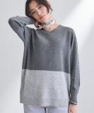 【洗える／チュニック丈／カシミヤ混】スリットデザインVネックニット