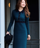 【手洗い可】衿付きニットジャカード編みワンピース