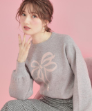 "【可愛く着映える・華やか】リボンジャカード ニットトップス"