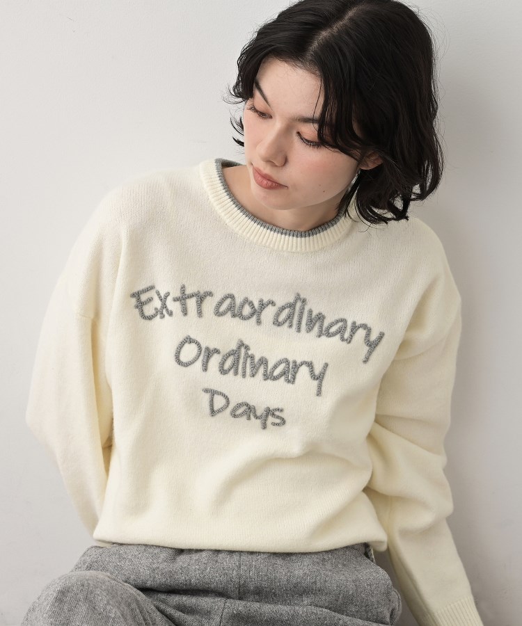 【洗える】ペイント風刺繍入り配色ラインニット