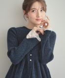 "【袖口レース・着映え】短毛モールペプラム カーデ"