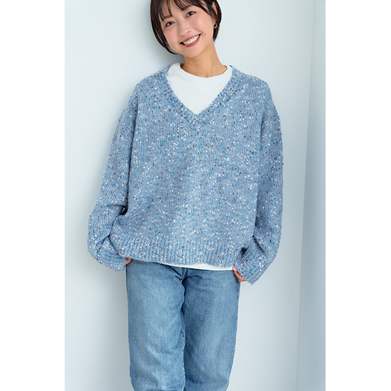 [Priority]やわらかネップV開きセーター