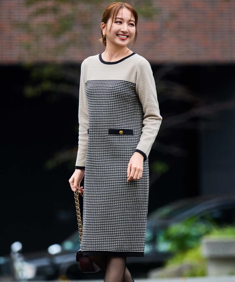 【手洗い可】配色デザインニットワンピース