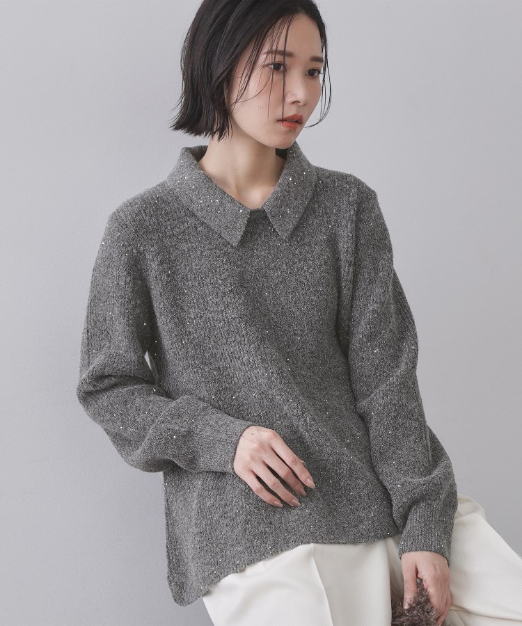 スパンコールラメ衿2WAYペプラムニット【洗濯機OK】