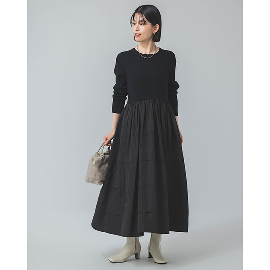 [Dignite collier]【洗える】 リブニットドッキングワンピース