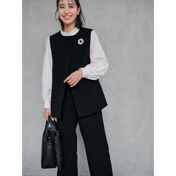 [nissen]異素材ブラウス付きジレセットアップパンツスーツ