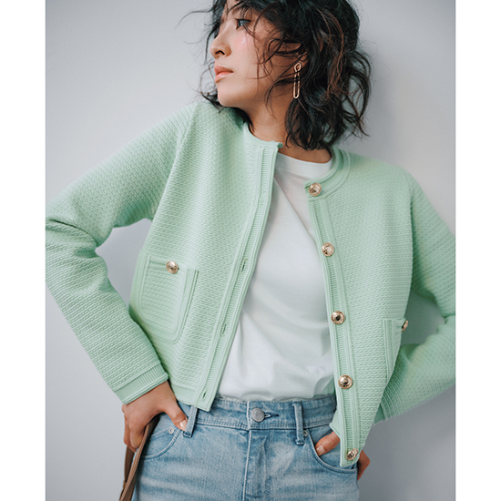 [anuans]ノーカラーラーベンニットジャケット