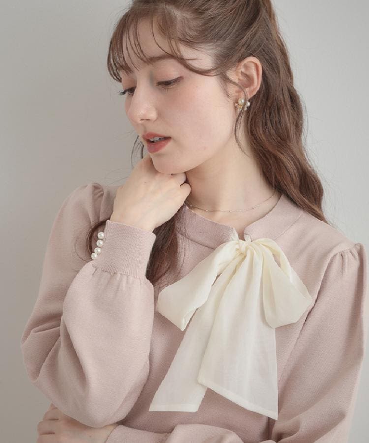 【洗える・着映え】オーガンジーリボンタイ ニット