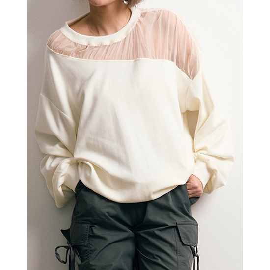 [Pauline Bleu]デコルテシアー袖バルーン長袖TOPS