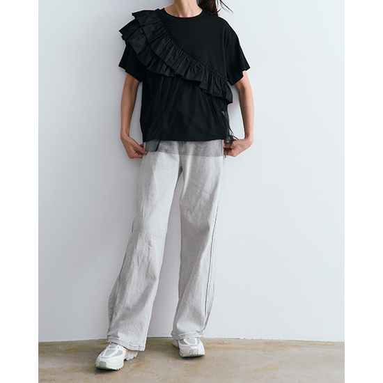 [Pauline Bleu]フリルチュールドッキングTシャツ