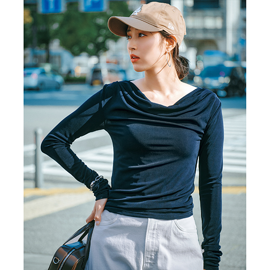 [anuans]アセテートギャザードレープカットトップス