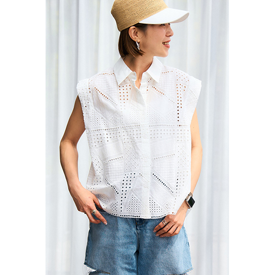 [Pauline Bleu]カットワークレースシャツ