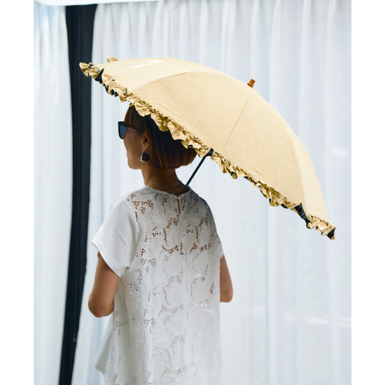 [BICHERIE.]100%完全遮光 晴雨兼用　折りたたみ日傘 2段タイプ 50cm　フリル ネップシャンブレー