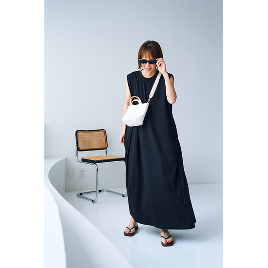[Pauline Bleu]異素材切替バックティアードノースリーブワンピース