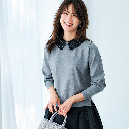 [Reflect]レース衿付きストレッチニット
